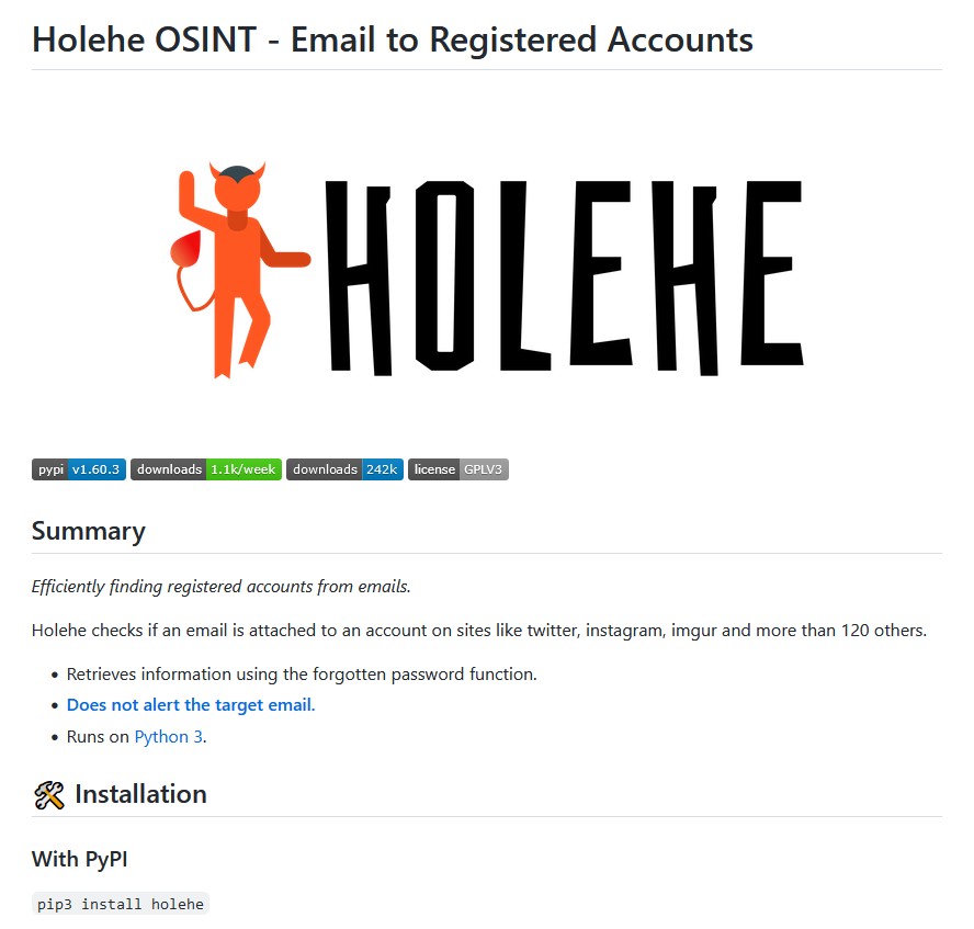 Holehe - check to see if an email is attached to an account on sites like twitter, instagram, imgur and more than 120 others